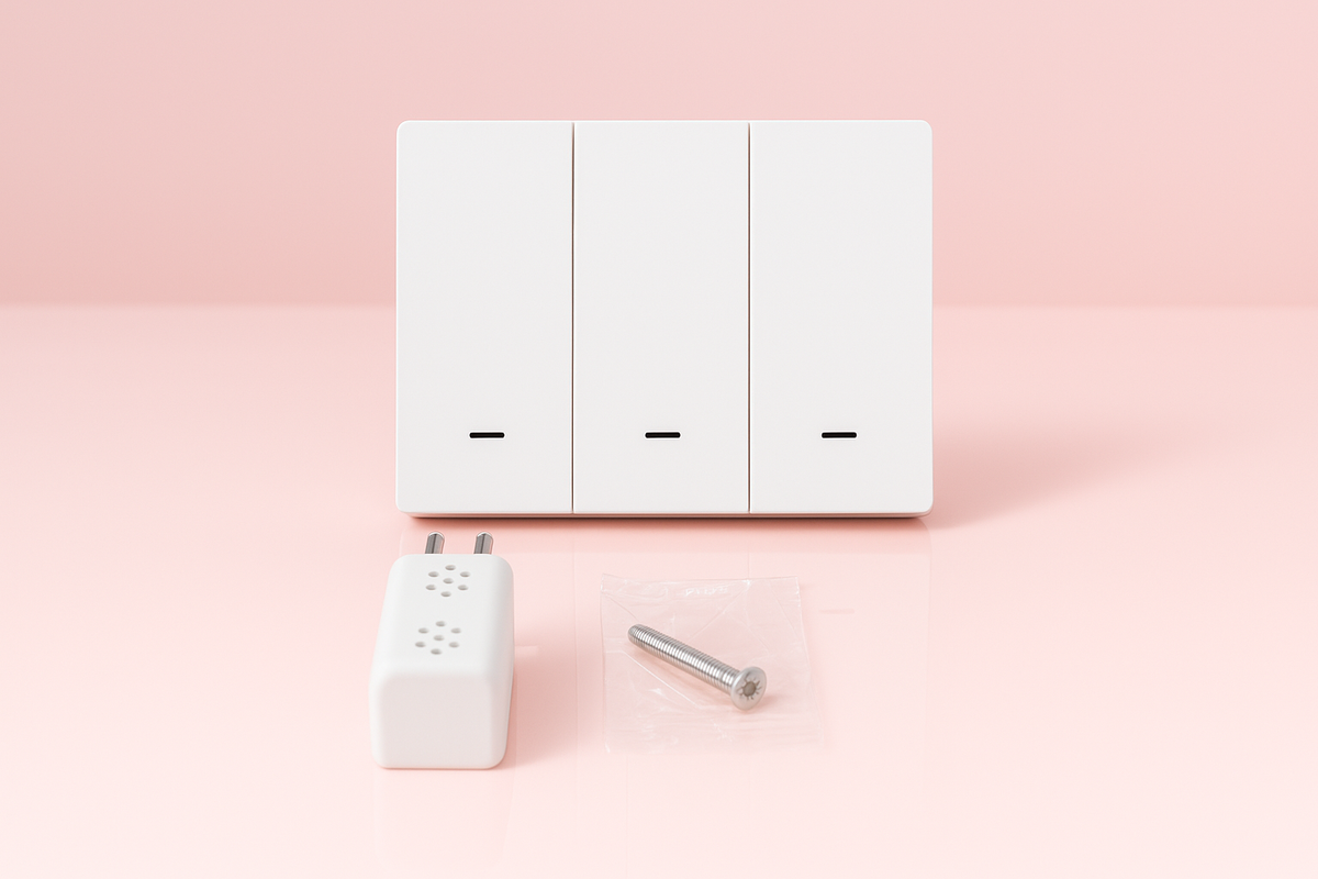 interrupteur connecté triple allumage avec ses accessoires sur un fond rose