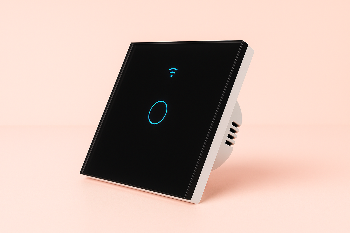 interrupteur connecté tactile noir sur un fond rose