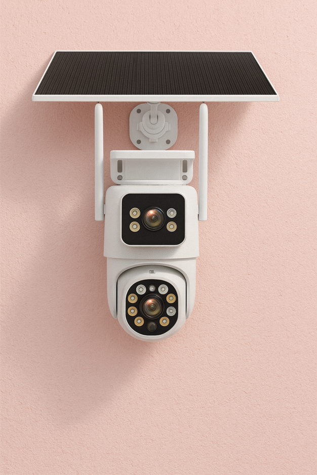 caméra solaire wifi posé sur un mur rose