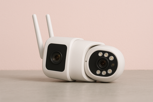 Caméra de surveillance blanche sur le coté fond rose