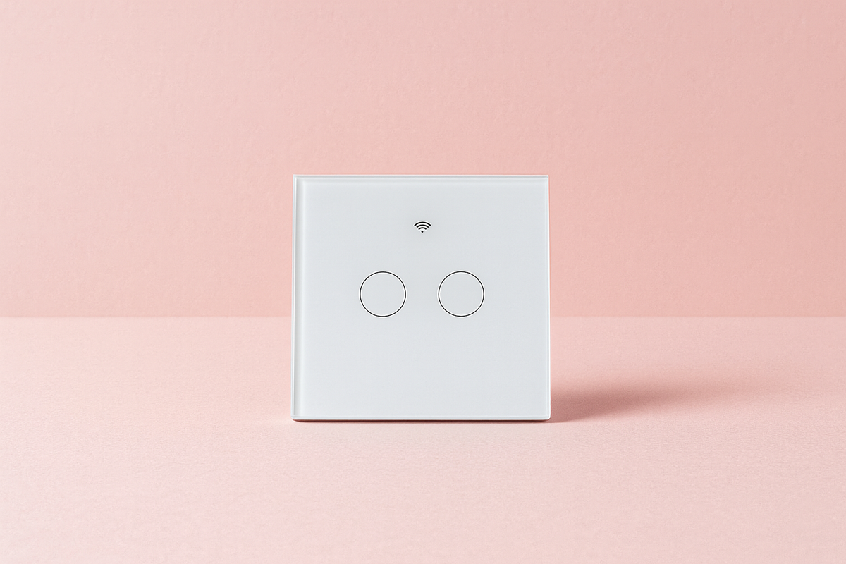 Interrupteur connecté tactile Blanc 2 allumages sur fond rose
