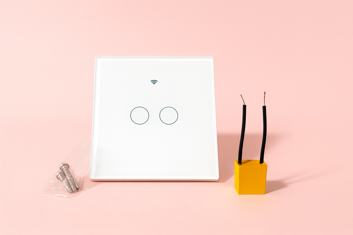 Interrupteur connecté tactile Blanc 2 allumages et ses accessoires sur fond rose
