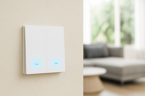 un interrupteur connecté sur un mur avec vue sur le salon