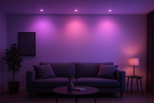 salon ambiance sombre avec des ampoules gu10 wi-fi homenitec