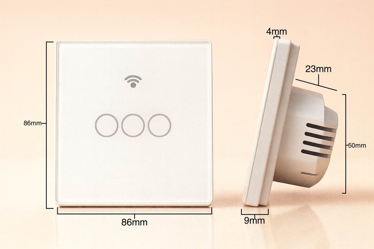 Interrupteur connecté tactile 3 allumages sur fond rose taille